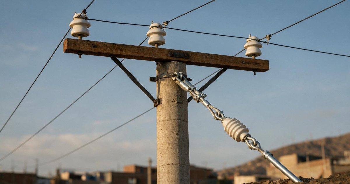 Poste de distribución con aisladores de pin y retenida con su aislador, Perú