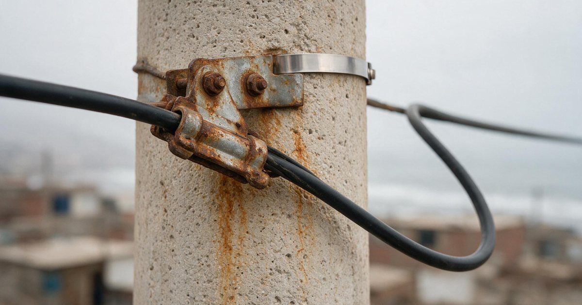 Herraje galvanizado corroído junto a un fleje inoxidable intacto en el mismo poste, costa peruana
