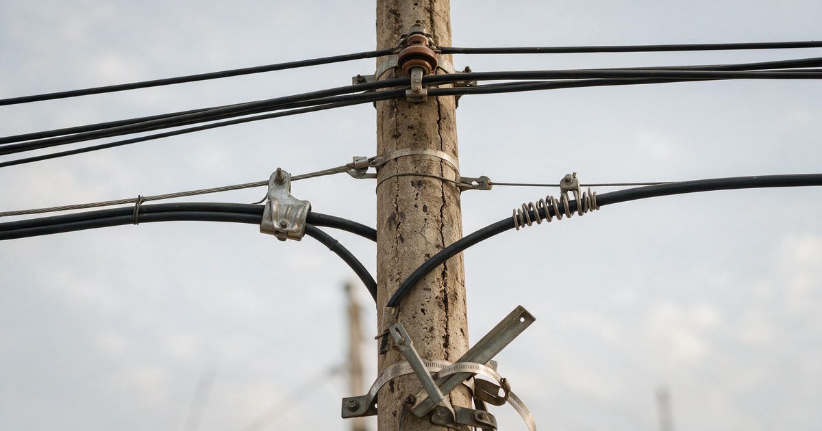 Poste compartido peruano con conductores energizados arriba y dos cables de fibra abajo sujetos con herrajes distintos