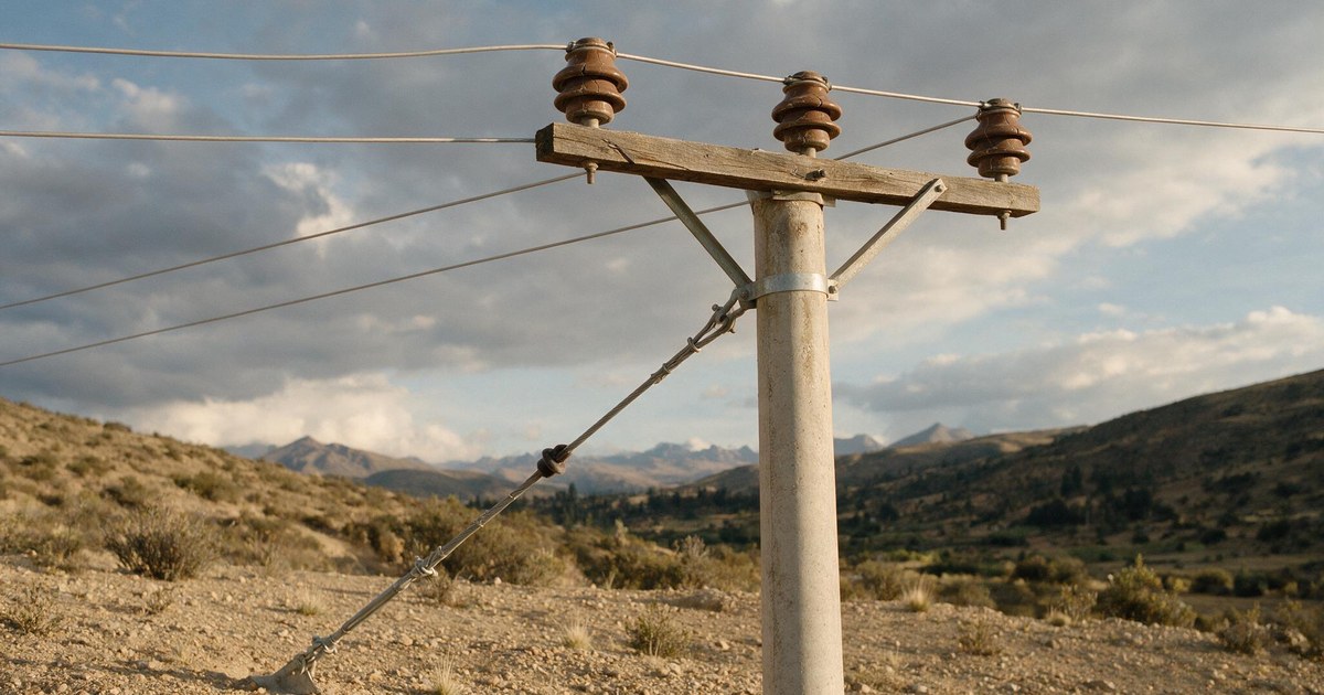 Línea de distribución eléctrica en zona rural peruana con aisladores de porcelana, retenida y herrajes galvanizados